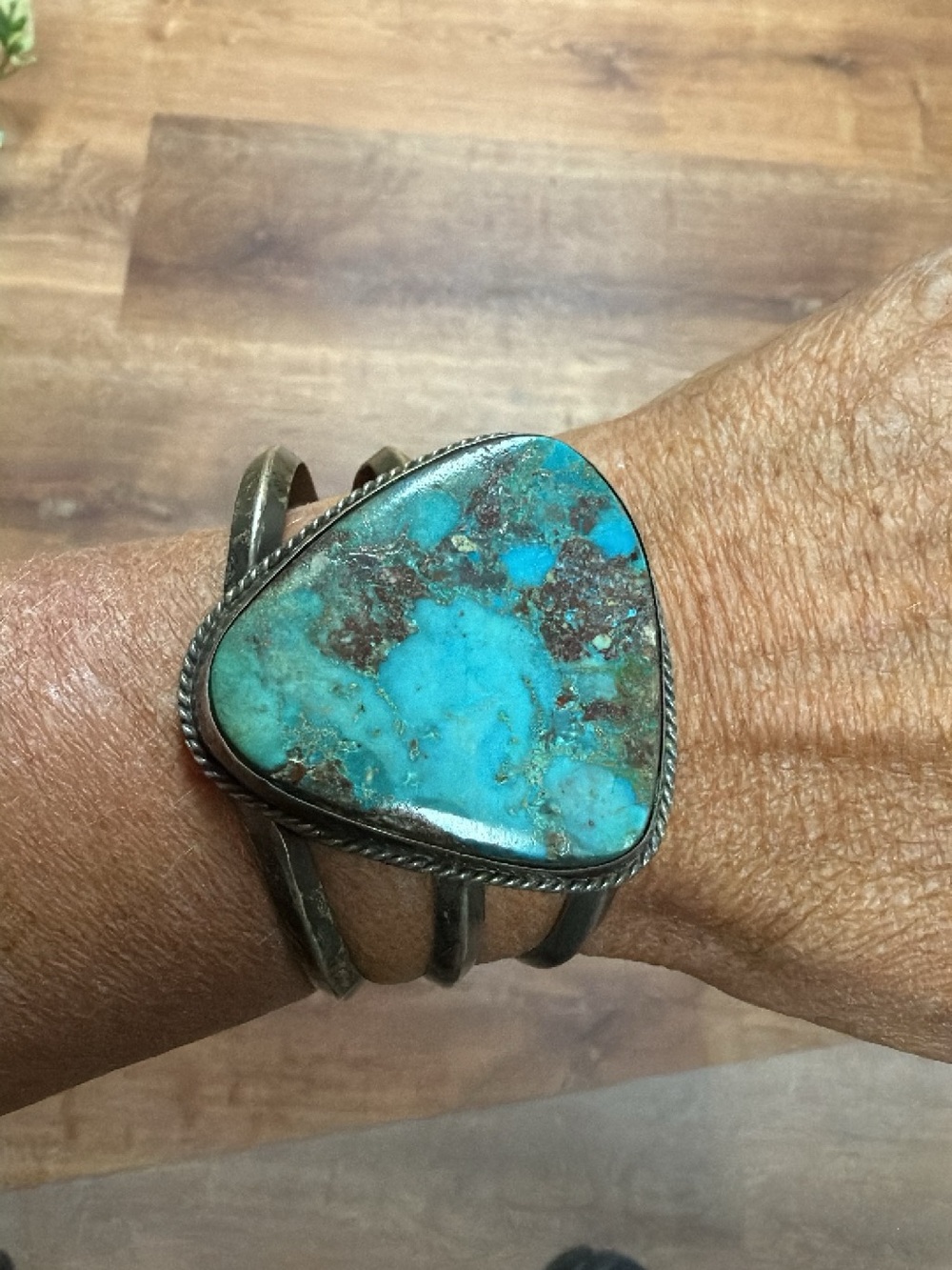 Heavy Sterling Silver Turquoise Statement Cuff Bracelet - Blue-Green Stone - Picture 4 of 5